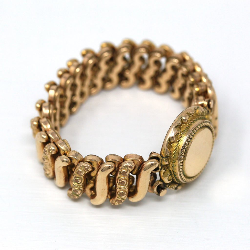 Antique Expansion Bracelet - Edwardian Gold Filled Expanding Stretch Link Repousse - Circa 1910s Blank Center Fashion Accessory Jewelry