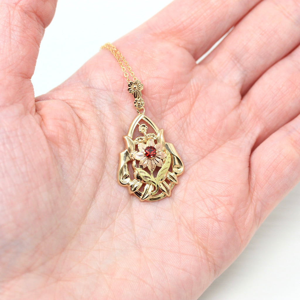Genuine Garnet Necklace - Retro 10k Yellow Gold Red .18 CT Gemstone Pendant - Vintage Circa 1940s Era Rose Gold Flower Esemco Fine Jewelry