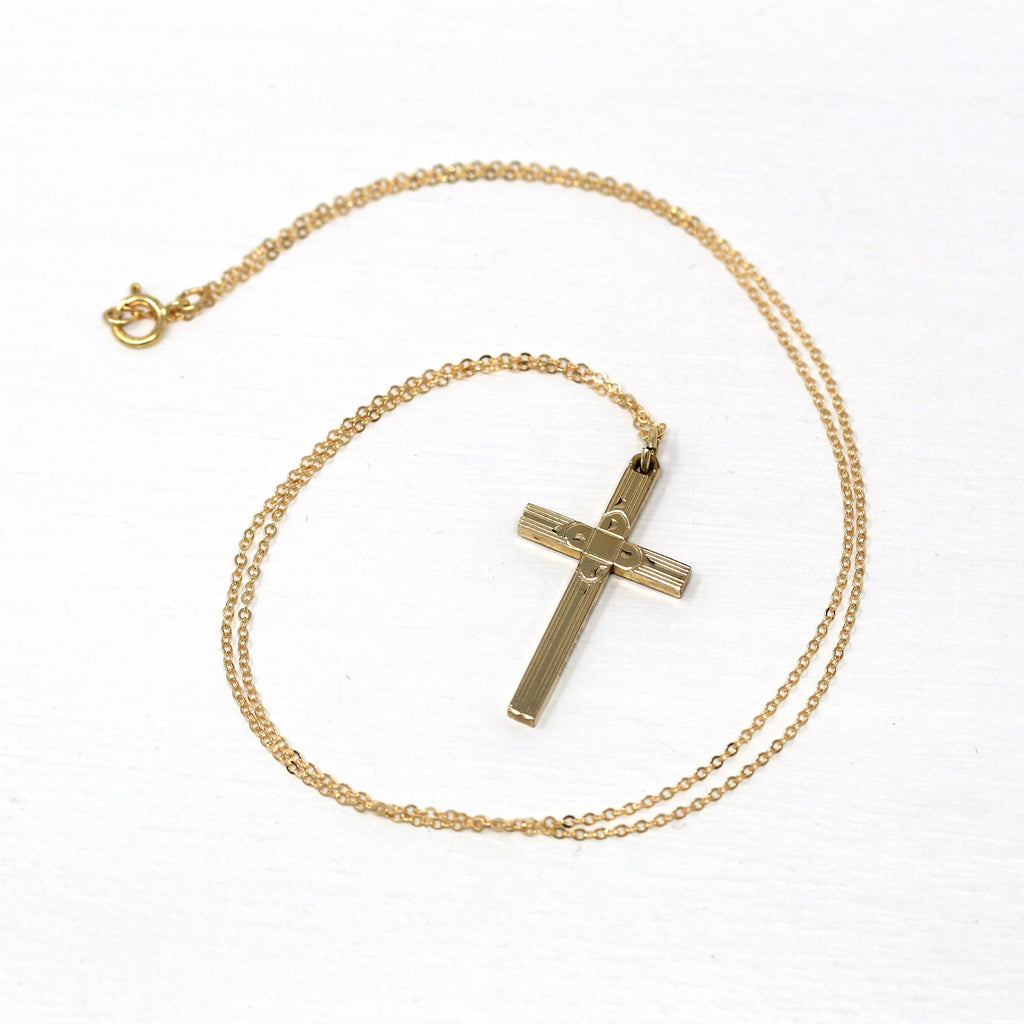 Vintage Cross Necklace - Retro 12k Gold Filled Engraved Designs Pendant Charm - Circa 1940s Era Religious Faith Carl Art 40s Jewelry