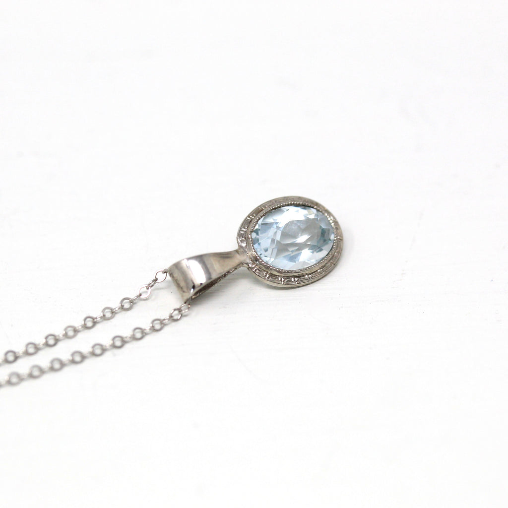 Genuine Aquamarine Charm - Art Deco 18k White Gold Oval Blue 1.8 CT Gem Necklace Pendant - Circa 1920s Era Stick Pin Conversion Fine Jewelry