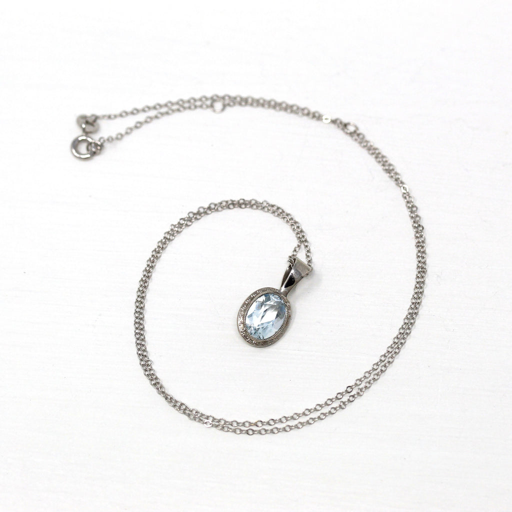 Genuine Aquamarine Charm - Art Deco 18k White Gold Oval Blue 1.8 CT Gem Necklace Pendant - Circa 1920s Era Stick Pin Conversion Fine Jewelry