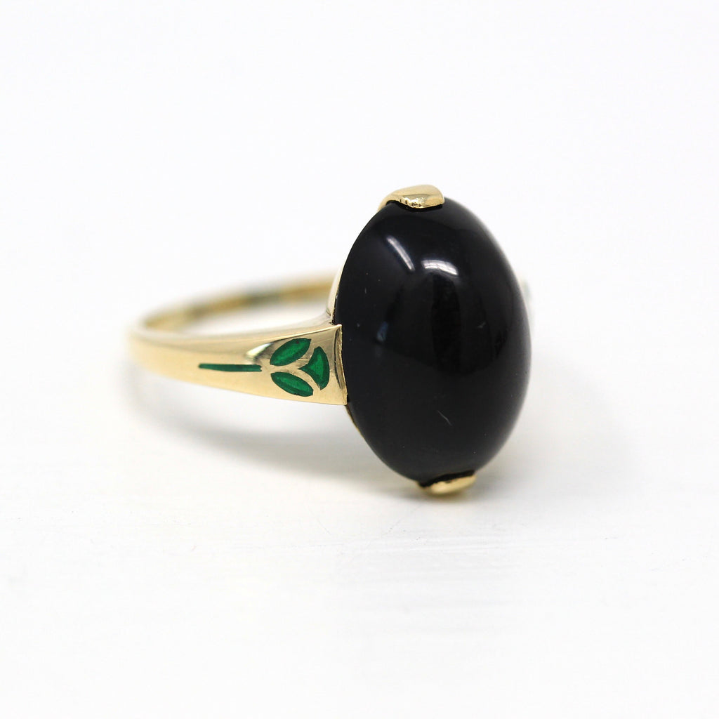 Genuine Onyx Ring - Antique 14k Yellow Gold Black Oval Cabochon Cut Gemstone - Vintage Circa 1910s Era Size 6 1/2 Green Enamel Fine Jewelry