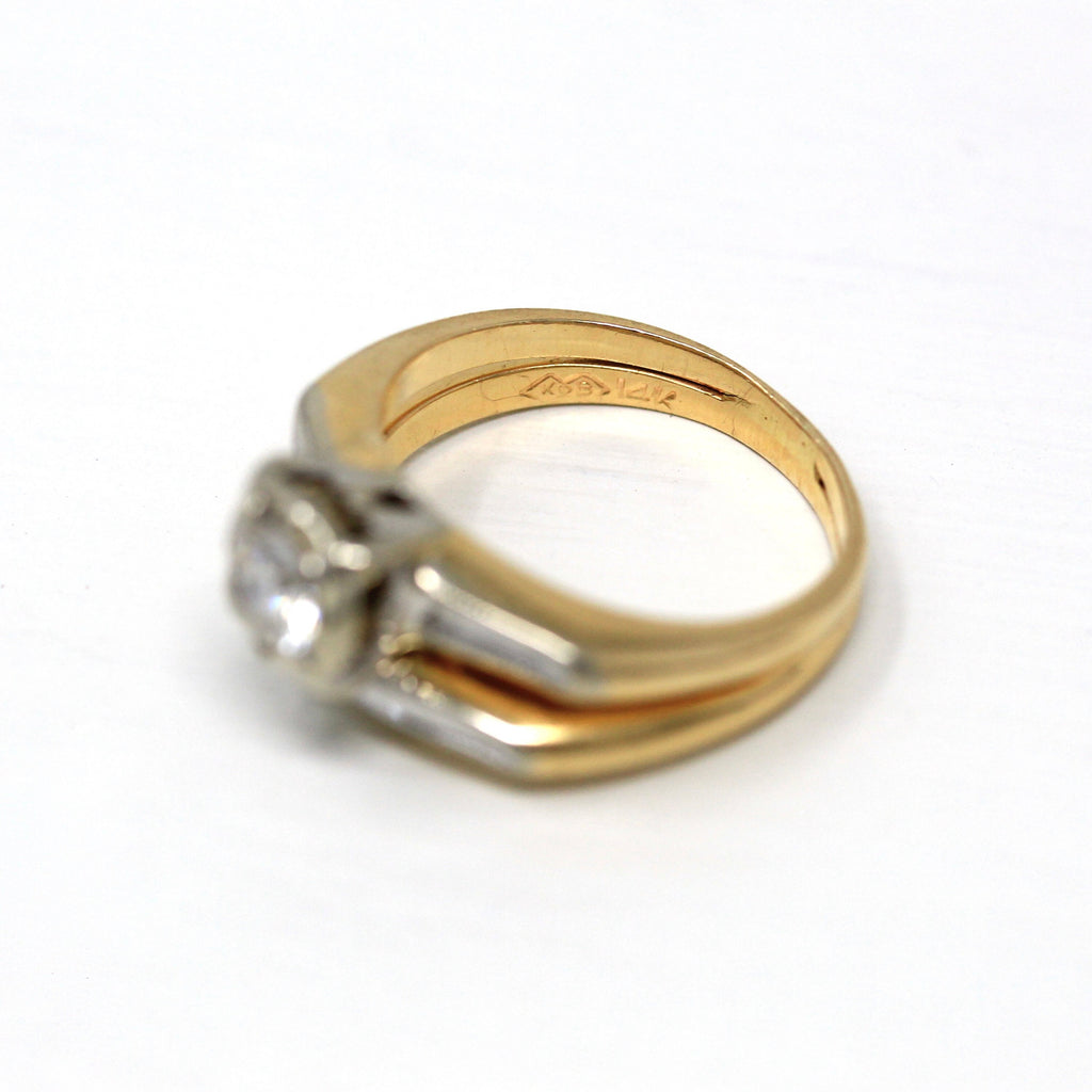 Wedding Ring Set - Retro 14k Yellow & White Gold Genuine .45 CT Diamond Gem - Vintage Circa 1940s Era Size 5 1/4 Bridal Set 40s Fine Jewelry