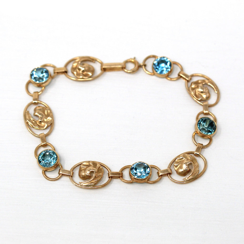 Genuine Zircon Bracelet - Retro 14k Yellow Gold Round Faceted Blue 6.05 CTW Gemstones - Vintage Circa 1940s Era Leaf Motifs Fine 40s Jewelry