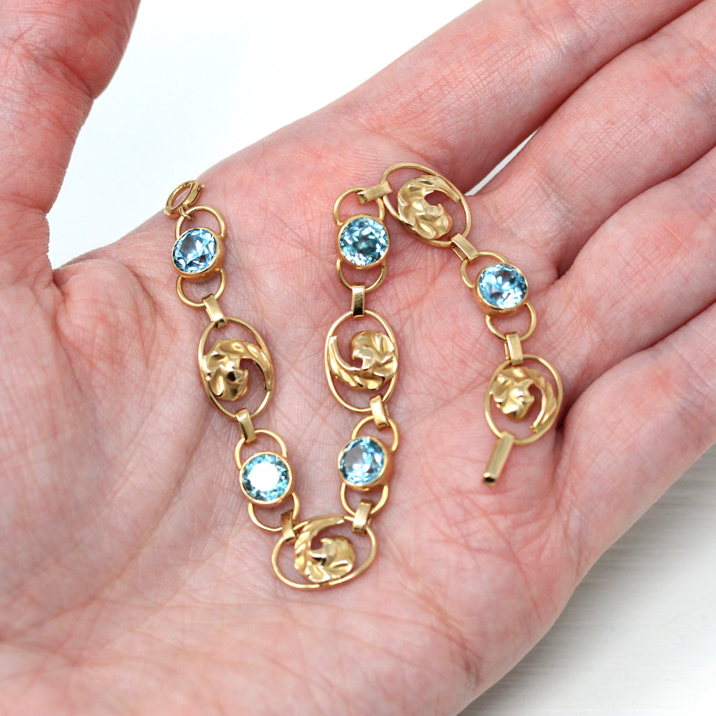 Genuine Zircon Bracelet - Retro 14k Yellow Gold Round Faceted Blue 6.05 CTW Gemstones - Vintage Circa 1940s Era Leaf Motifs Fine 40s Jewelry