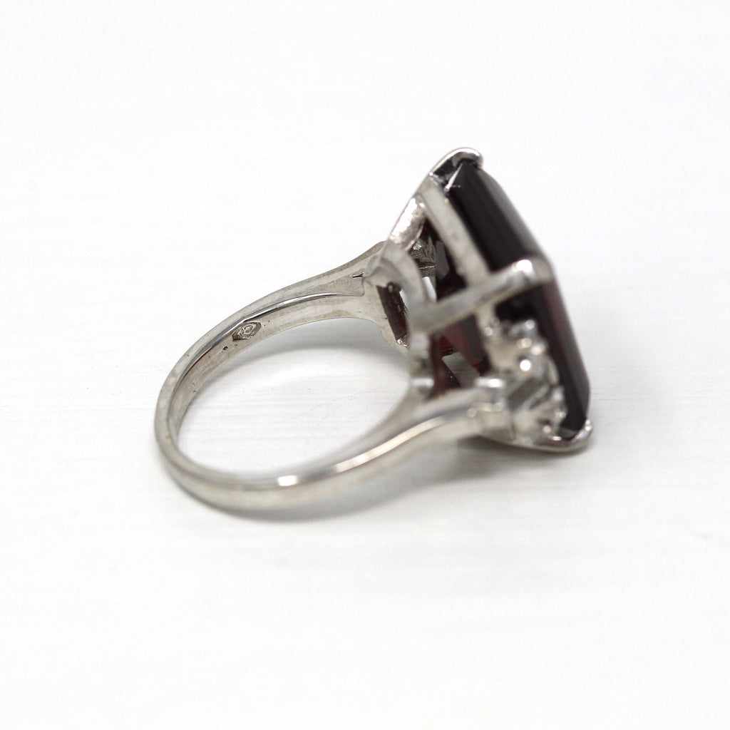 Vintage Cocktail Ring - Mid Century 10k White Gold Created Ruby 11.86 CT Stone - 1950s Era Size 5 White Accent Stones Fine Jewelry