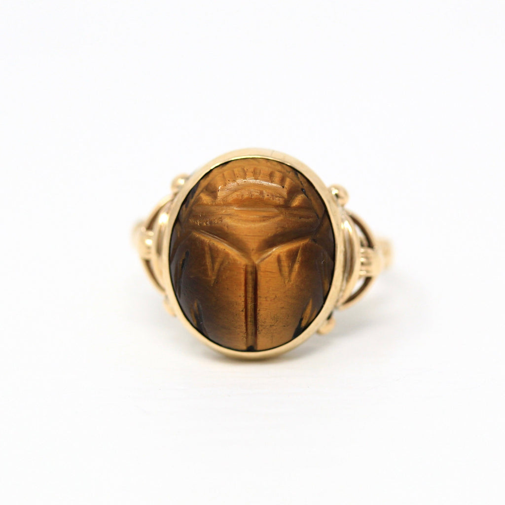 Vintage Scarab Ring - Retro 10k Yellow Gold Genuine Carved Tiger's Eye Gem - Vintage C. 1960s Size 5.5 Beetle Egyptian Revival Fine Jewelry
