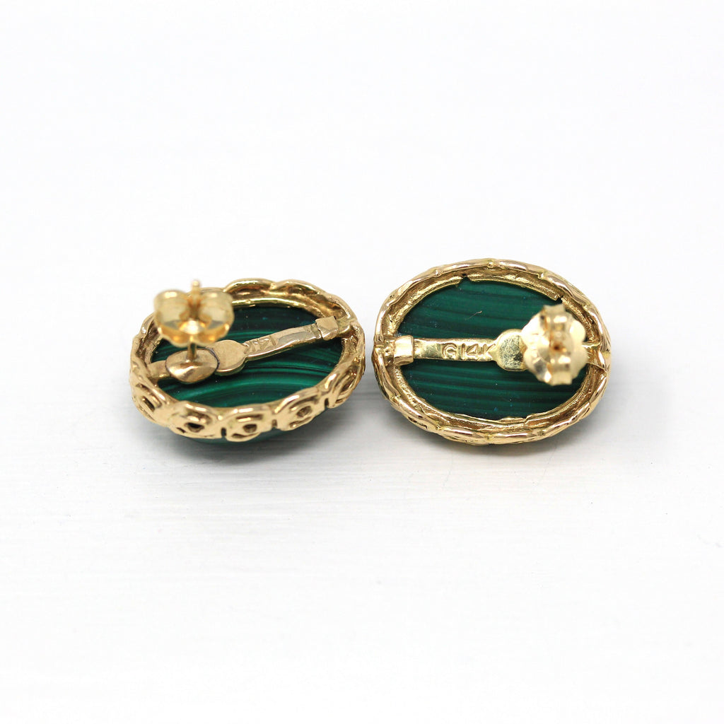 Gold Malachite Earrings - Vintage 14k Yellow Gold Genuine Green Gemstone Cabochons - Circa 1980s Era Studs Fine Statement Jewelry