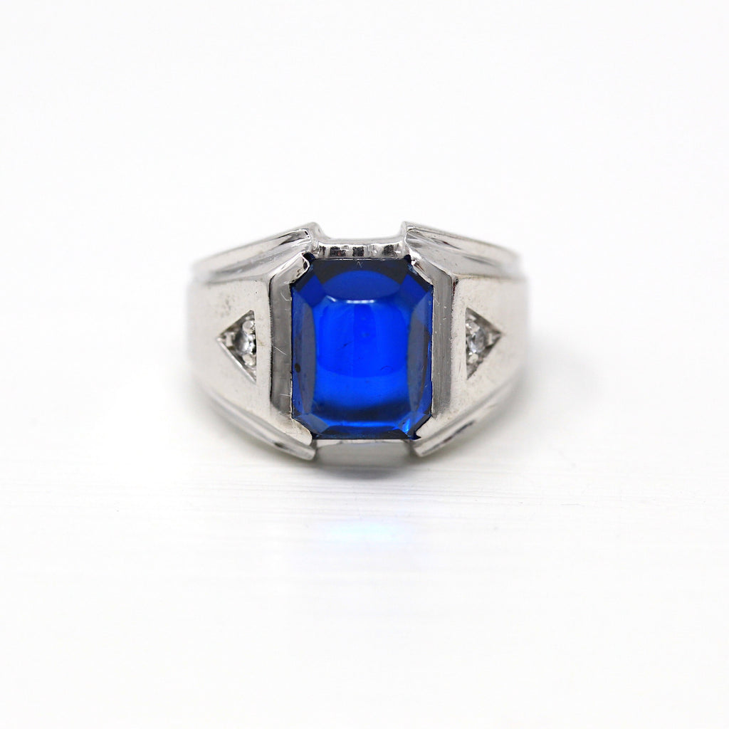 Created Spinel Ring - Retro 10k White Gold Sugarloaf Cut Cobalt Blue Stone - Vintage Circa 1960s Era Size 5 1/4 Statement Fine 60s Jewelry