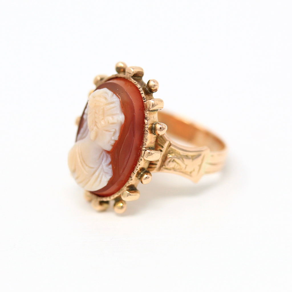 Antique Cameo Ring - Victorian 10k Rose Gold Carved Genuine Sardonyx Gemstone - Vintage Circa 1890s Era Statement Fashion Accessory Jewelry