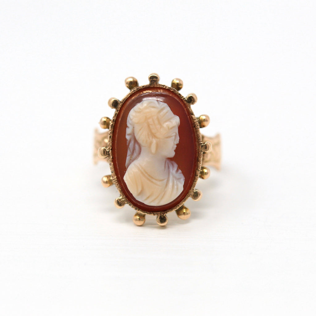 Antique Cameo Ring - Victorian 10k Rose Gold Carved Genuine Sardonyx Gemstone - Vintage Circa 1890s Era Statement Fashion Accessory Jewelry