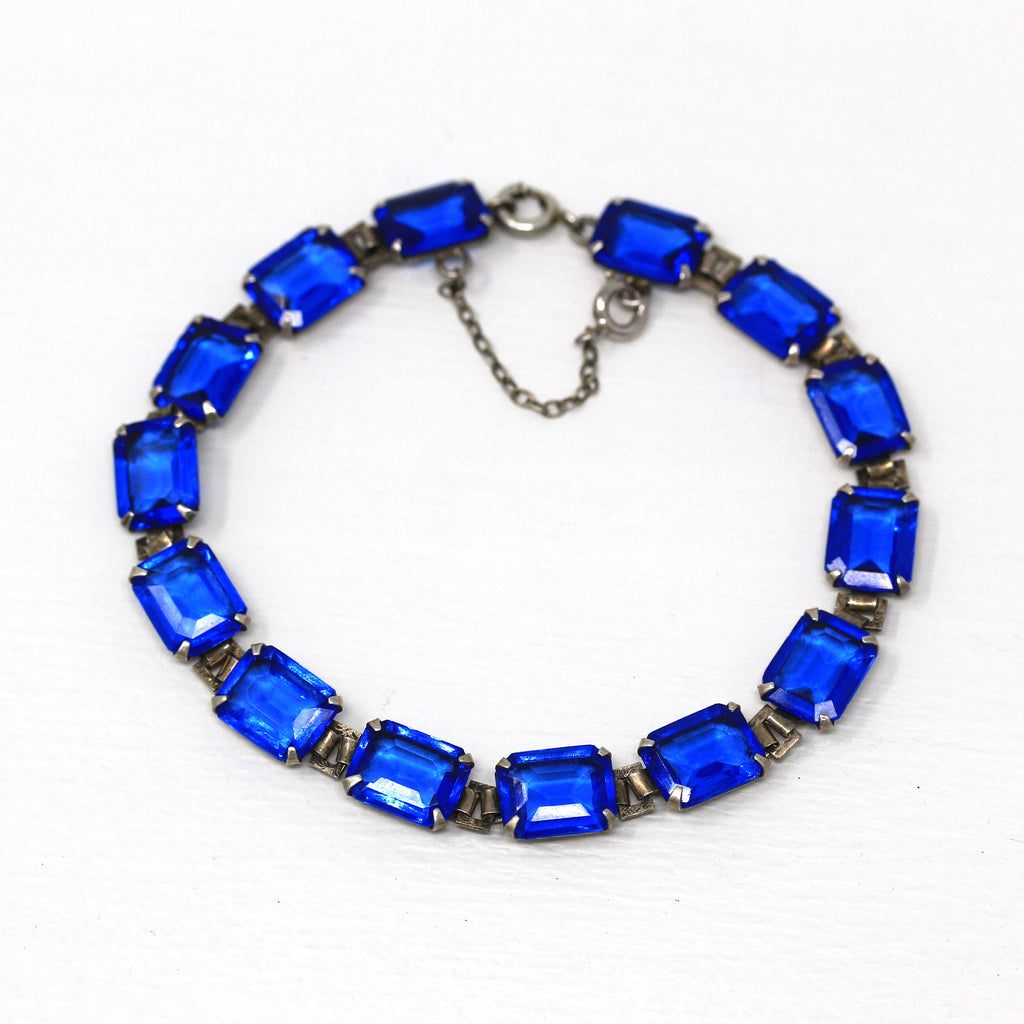 Art Deco Bracelet - Vintage Sterling Silver Blue Glass Rhinestones Line Style - Circa 1930s Era Statement Fashion Accessory Bridal Jewelry
