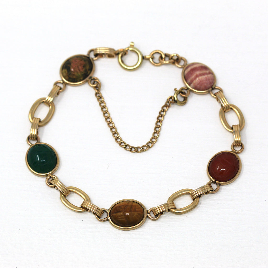 Vintage Scarab Bracelet - Retro 12k Gold Filled Carved Genuine Gemstones - Circa 1960s Era Egyptian Revival Style Panel Linked 60s Jewelry