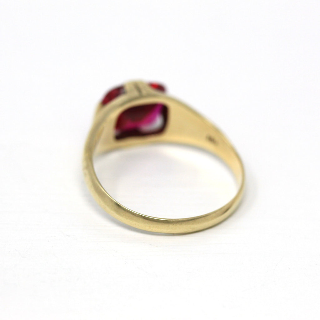 Created Ruby Ring - Art Deco 10k Yellow Gold Faceted Reddish Pink Stone - Vintage Circa 1930s Era Size 10 3/4 July Birthstone Fine Jewelry