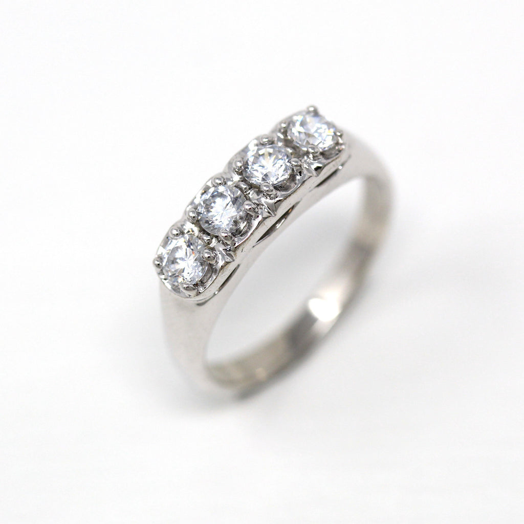 Mid Century Band - Vintage 14k White Gold Round Faceted Simulated Diamonds Ring - Circa 1950s Size 6 1/4 Bridal Stacking Fine 50s Jewelry
