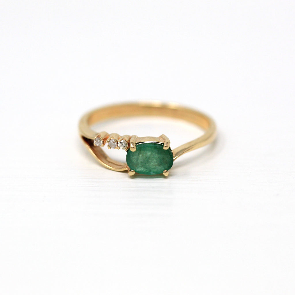 Emerald & Diamond Ring - Estate 14k Yellow Gold Genuine Oval Faceted .38 CT Gem - Vintage Circa 1990s Era Size 6 New Old Stock Fine Jewelry