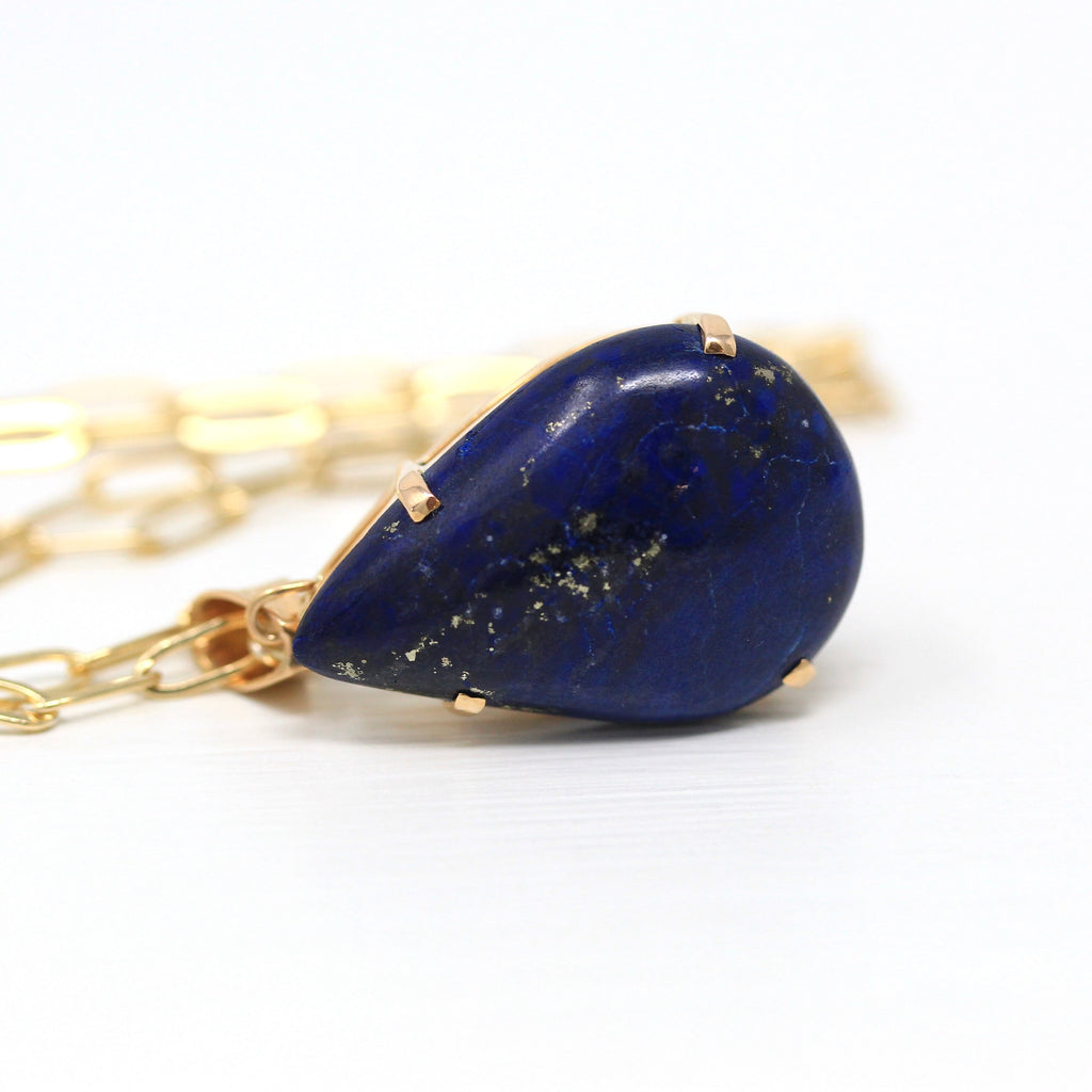 Lapis Lazuli Necklace - Retro 14k Yellow Gold 17.21 CT Genuine Blue Cabochon Gem - Vintage Circa 1970s Era Statement Fine 70s Jewelry