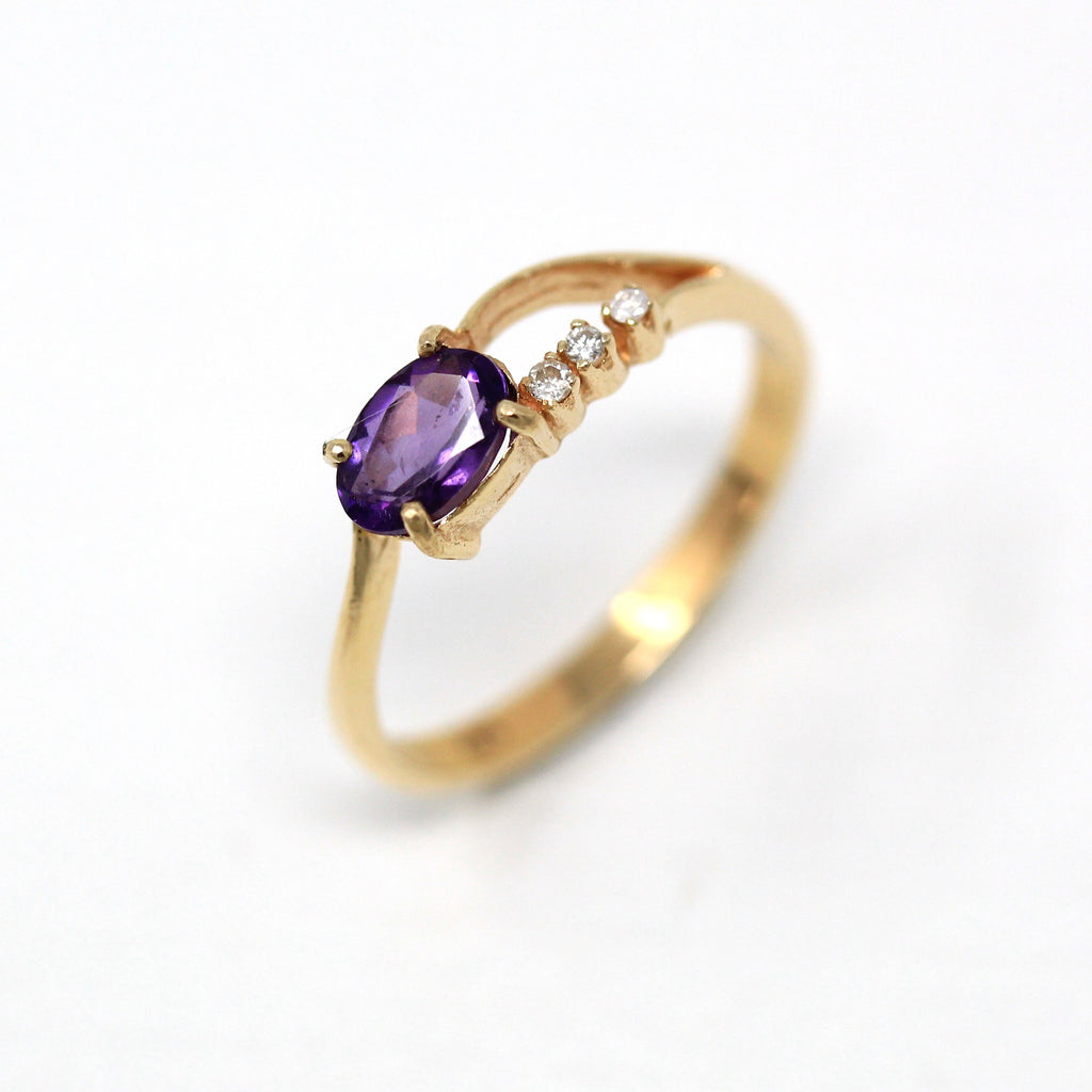 Amethyst & Diamond Ring - Estate 14k Yellow Gold Oval Faceted .38 CT Gem - Vintage Circa 1990 Era Size 6 New Old Stock Fine Jewelry