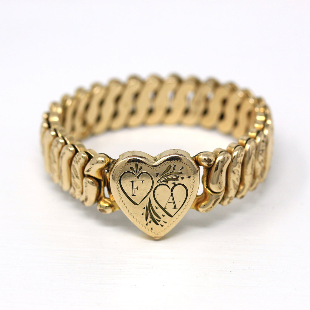 Vintage Expansion Bracelet - Retro Gold Filled Heart Initials "FA" Fashion Accessory - Circa 1940s La Mode Sweetheart Love Gift 40s Jewelry
