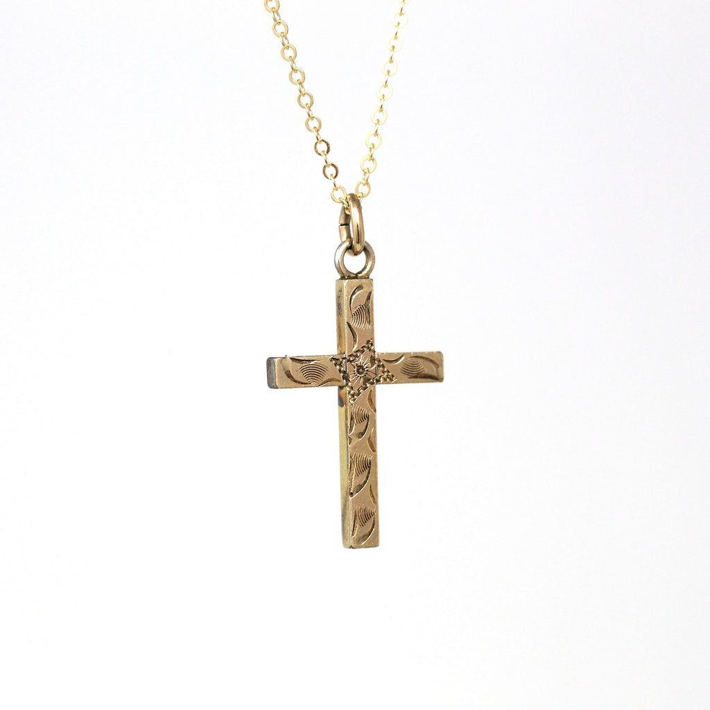 Vintage Cross Necklace - Retro 12k Gold Filled Engraved Designs Pendant Charm - Circa 1940s Era Religious Faith Flower 40s Sturdy Jewelry