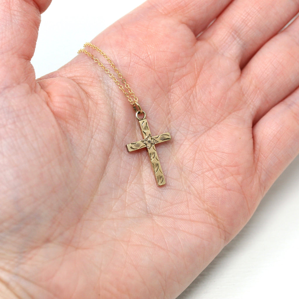 Vintage Cross Necklace - Retro 12k Gold Filled Engraved Designs Pendant Charm - Circa 1940s Era Religious Faith Flower 40s Sturdy Jewelry