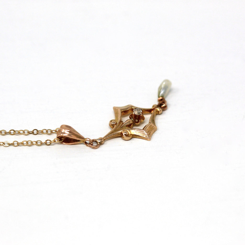 Antique Diamond Lavalier - Edwardian 10k Yellow Gold Genuine .02 CT Gemstone Pendant - Circa 1910s Era Baroque Pearl Necklace Fine Jewelry