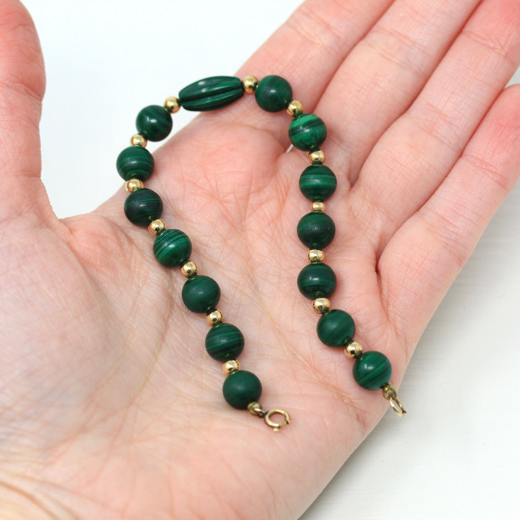 Genuine Malachite Bracelet - Vintage 12k Gold Filled Beaded Style Spherical Banded Green Gemstones - Retro 1970s Era Round Gem 70s Jewelry
