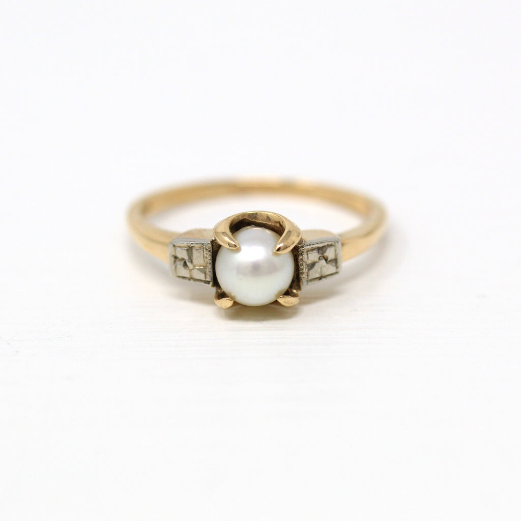 Cultured Pearl Ring - Retro Era 10k Yellow & White Gold Gem - Vintage Circa 1940s Size 5 3/4 June Birthstone Flower Two Tone Fine Jewelry