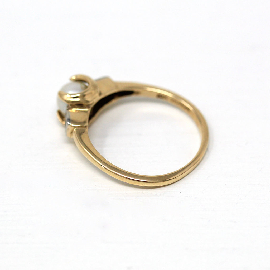 Cultured Pearl Ring - Retro Era 10k Yellow & White Gold Gem - Vintage Circa 1940s Size 5 3/4 June Birthstone Flower Two Tone Fine Jewelry