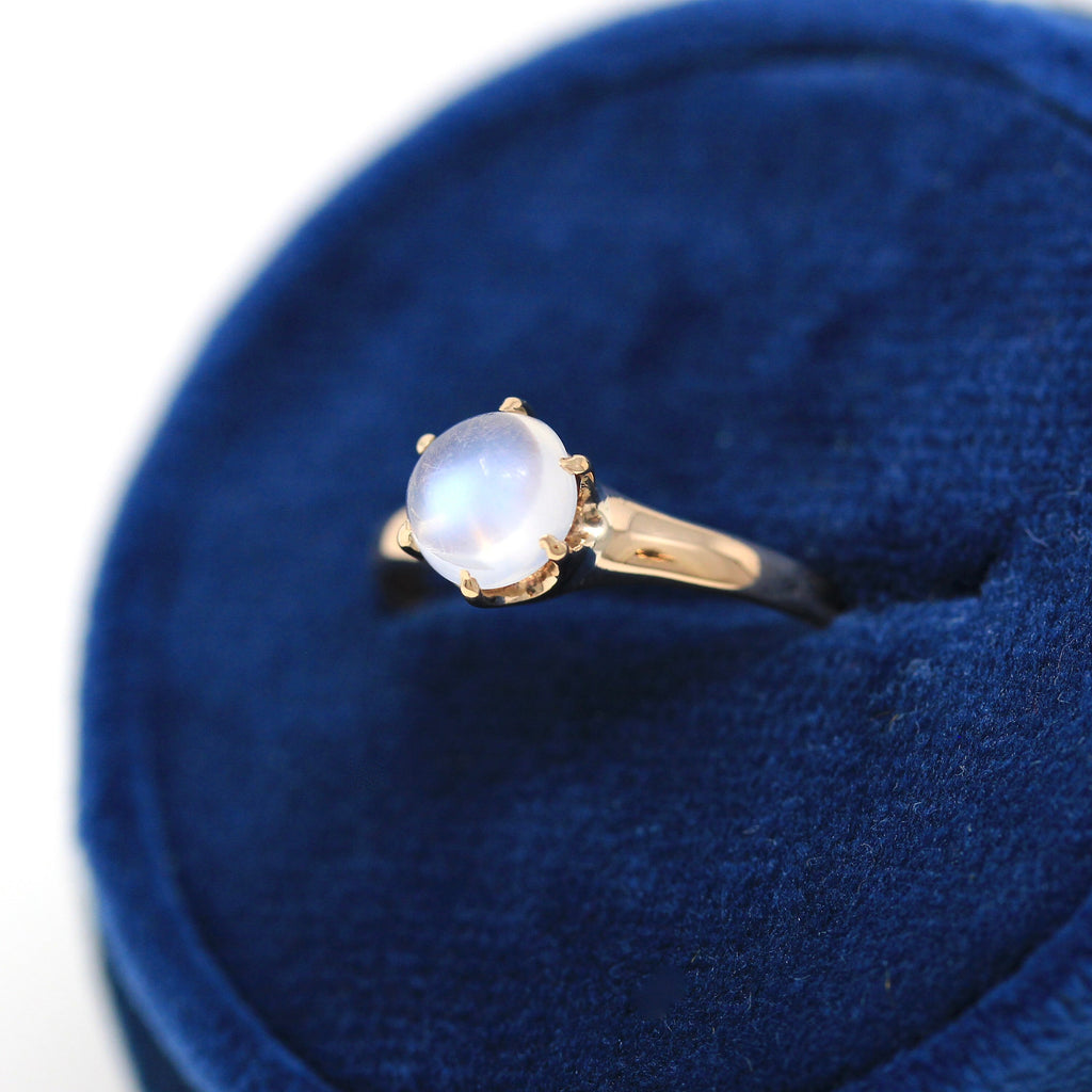 Vintage Moonstone Ring - Edwardian 10k Yellow Gold Round Sphere Gemstone Band - Antique Circa 1900s Era Size 6 Belcher Style Fine Jewelry