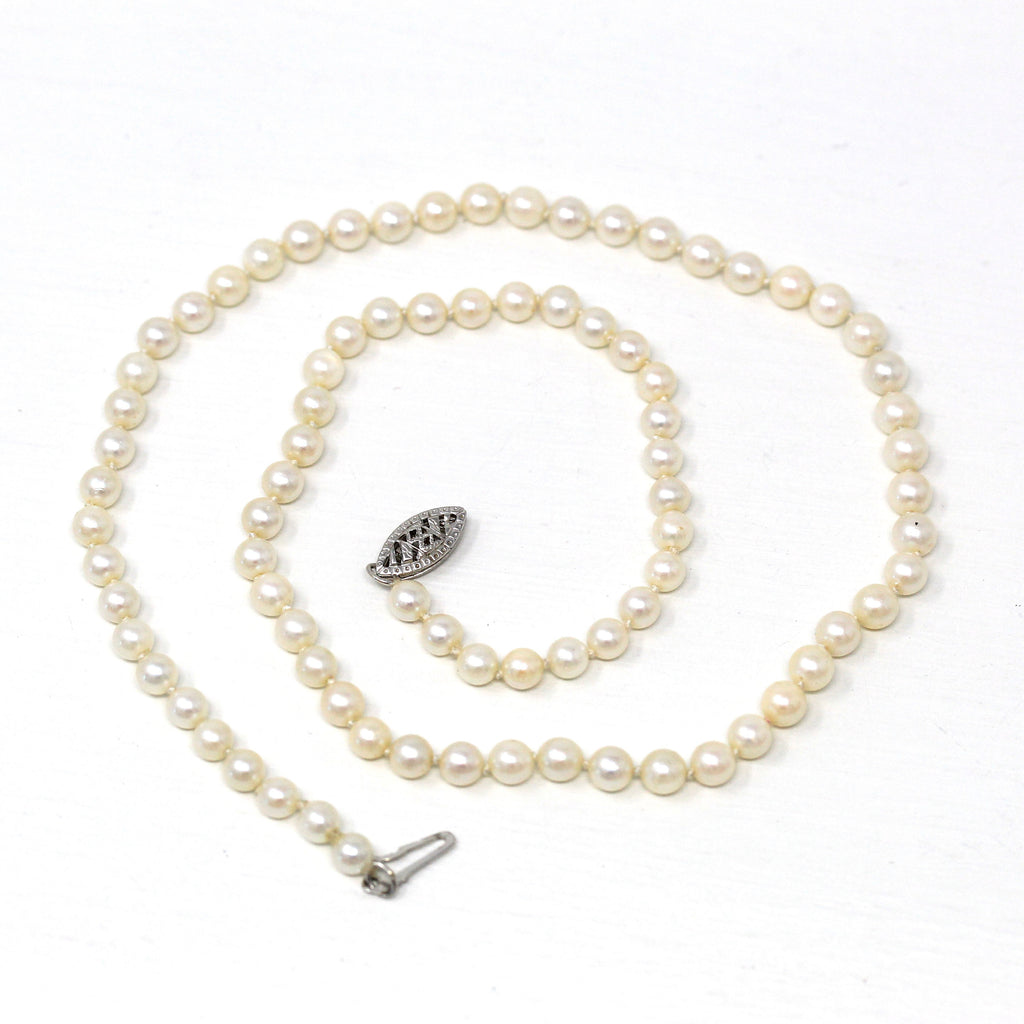 Cultured Pearl Necklace - Dainty 14k White Gold Fish Hook Individually Knotted Single Strand - Estate Organic Gem 16" Petite Fine Jewelry