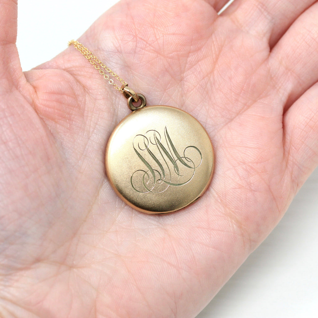 Monogrammed "SLM" Locket - Edwardian Gold Filled Round Engraved Photo Pendant Necklace - Antique Circa 1900s Era Photograph Keepsake Jewelry