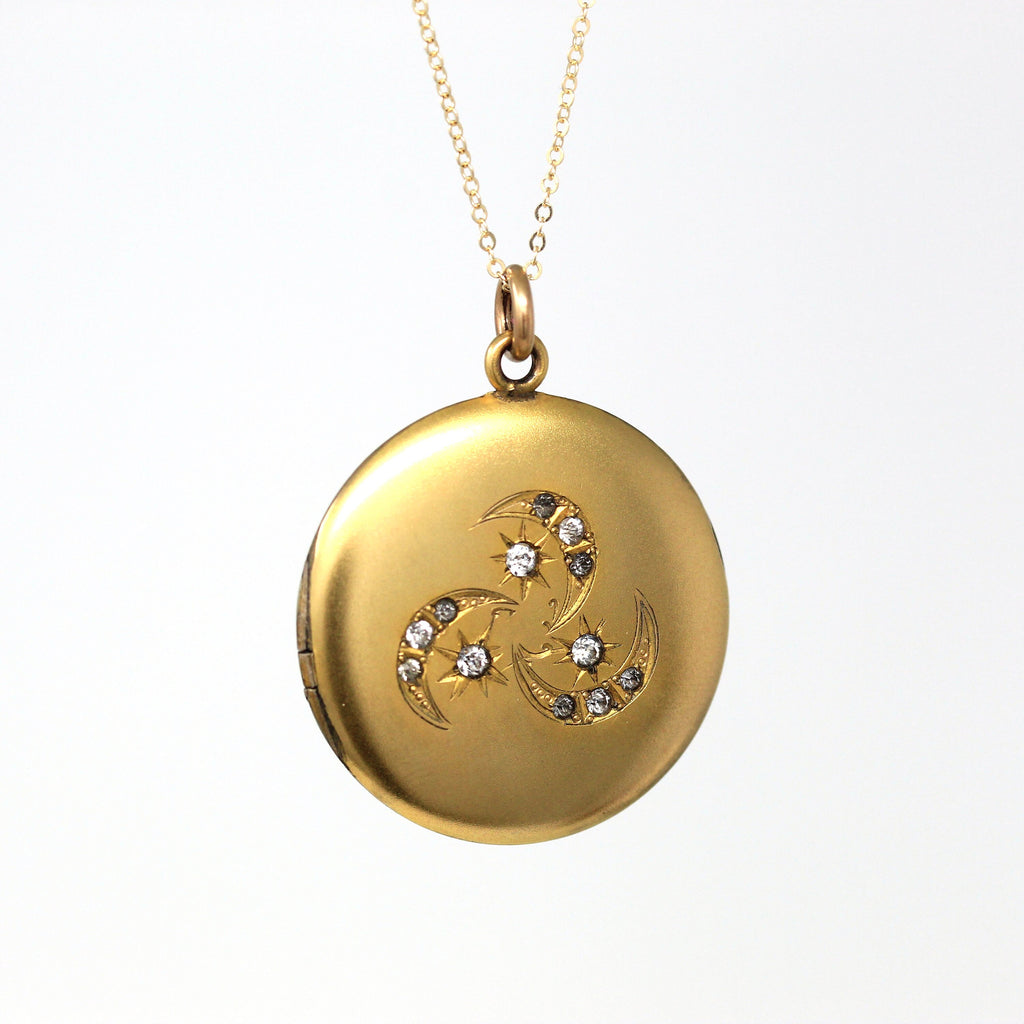 Star & Moon Locket - Antique Gold Filled Rhinestones Pendant Necklace - Edwardian Circa 1910s Era Three Celestial Crescent Statement Jewelry