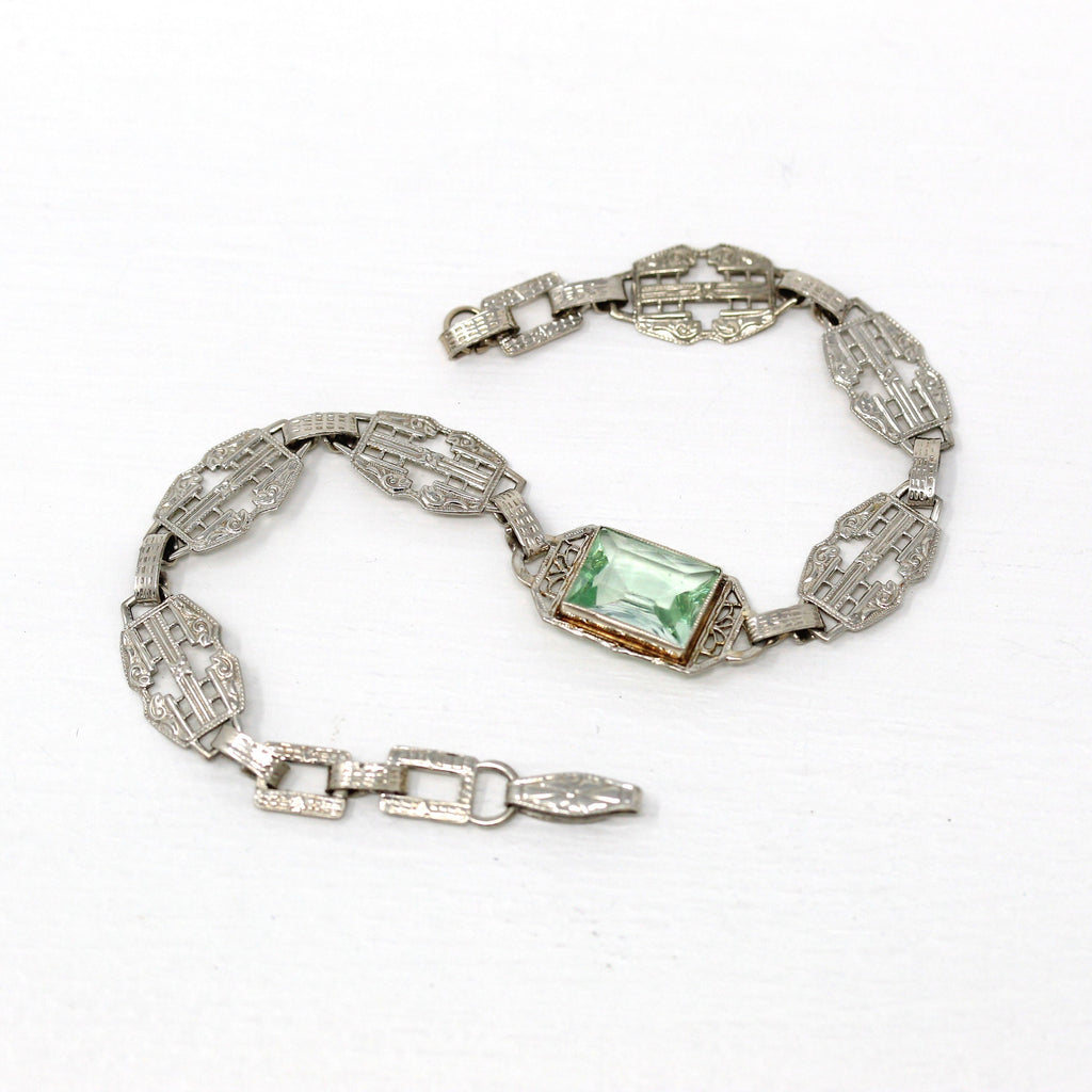 Art Deco Bracelet - Vintage 10k White Gold Light Green Glass Stone Filigree Style Panels - Circa 1930s Era Fashion Accessory Fine Jewelry