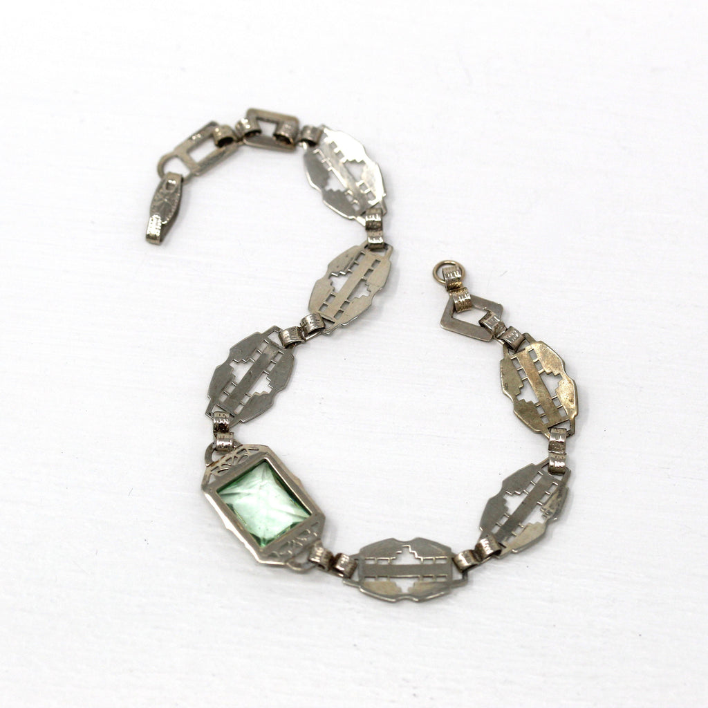 Art Deco Bracelet - Vintage 10k White Gold Light Green Glass Stone Filigree Style Panels - Circa 1930s Era Fashion Accessory Fine Jewelry