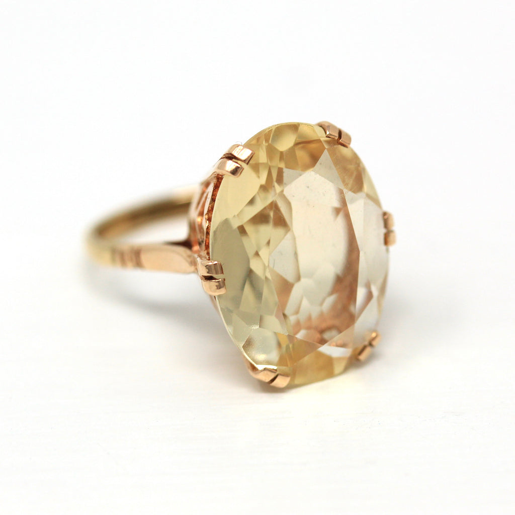Genuine Citrine Ring - Retro 9ct Yellow Gold Oval Faceted 10.2 CT Gem Heart - Vintage Circa 1960s Era Size 10 1/2 Cocktail Statement Jewelry