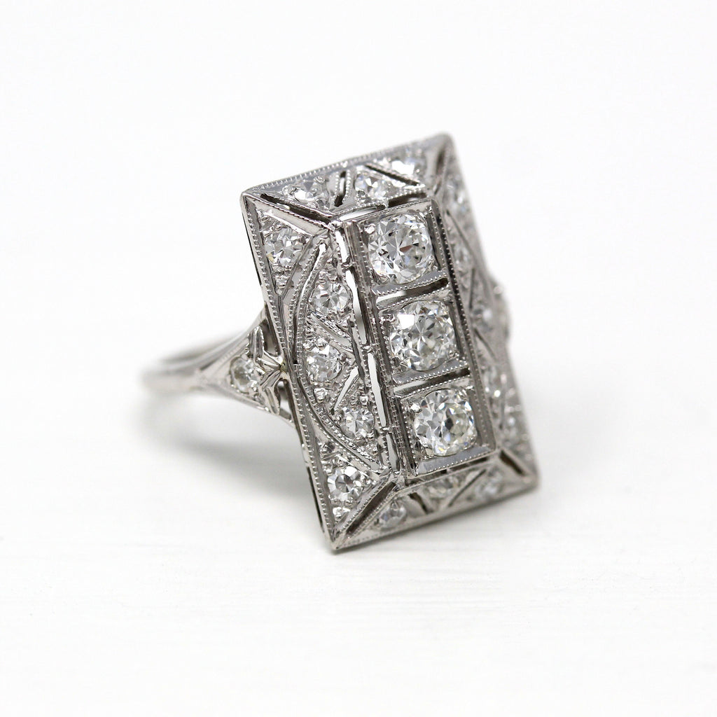Antique Shield Ring - Art Deco Platinum Genuine .80 CTW Diamond Statement Ring - 1920s Size 5 1/4 Anniversary Wedding Fine Jewelry