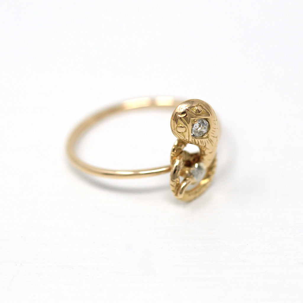Diamond Snake Ring - Edwardian 14k Yellow Gold Stick Pin Conversion .04 CT Old European - Antique Circa 1910s Era Minimalist Serpent Jewelry