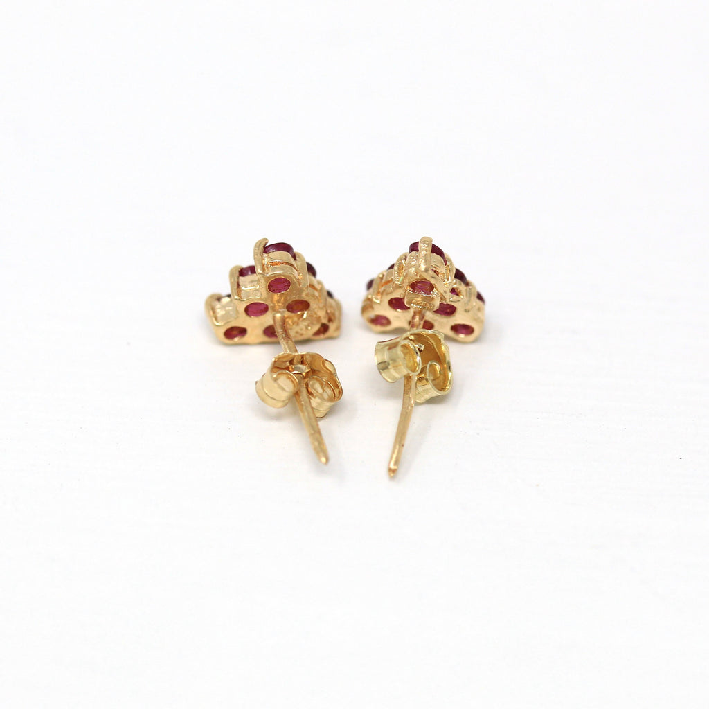 Genuine Ruby Earrings - Vintage 14k Yellow Gold Pink Gemstones Cluster Push Back Studs - Estate Circa 1990s Era Pierced Fine 90s Jewelry