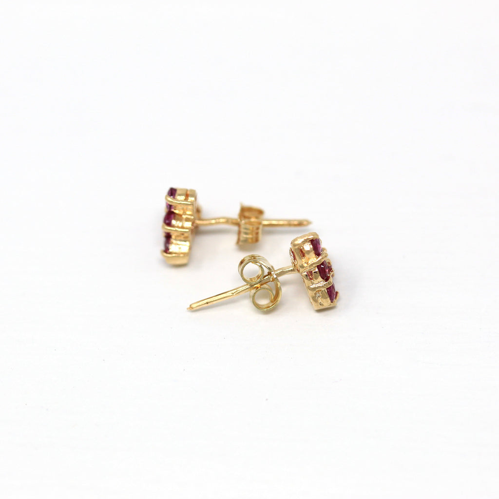 Genuine Ruby Earrings - Vintage 14k Yellow Gold Pink Gemstones Cluster Push Back Studs - Estate Circa 1990s Era Pierced Fine 90s Jewelry