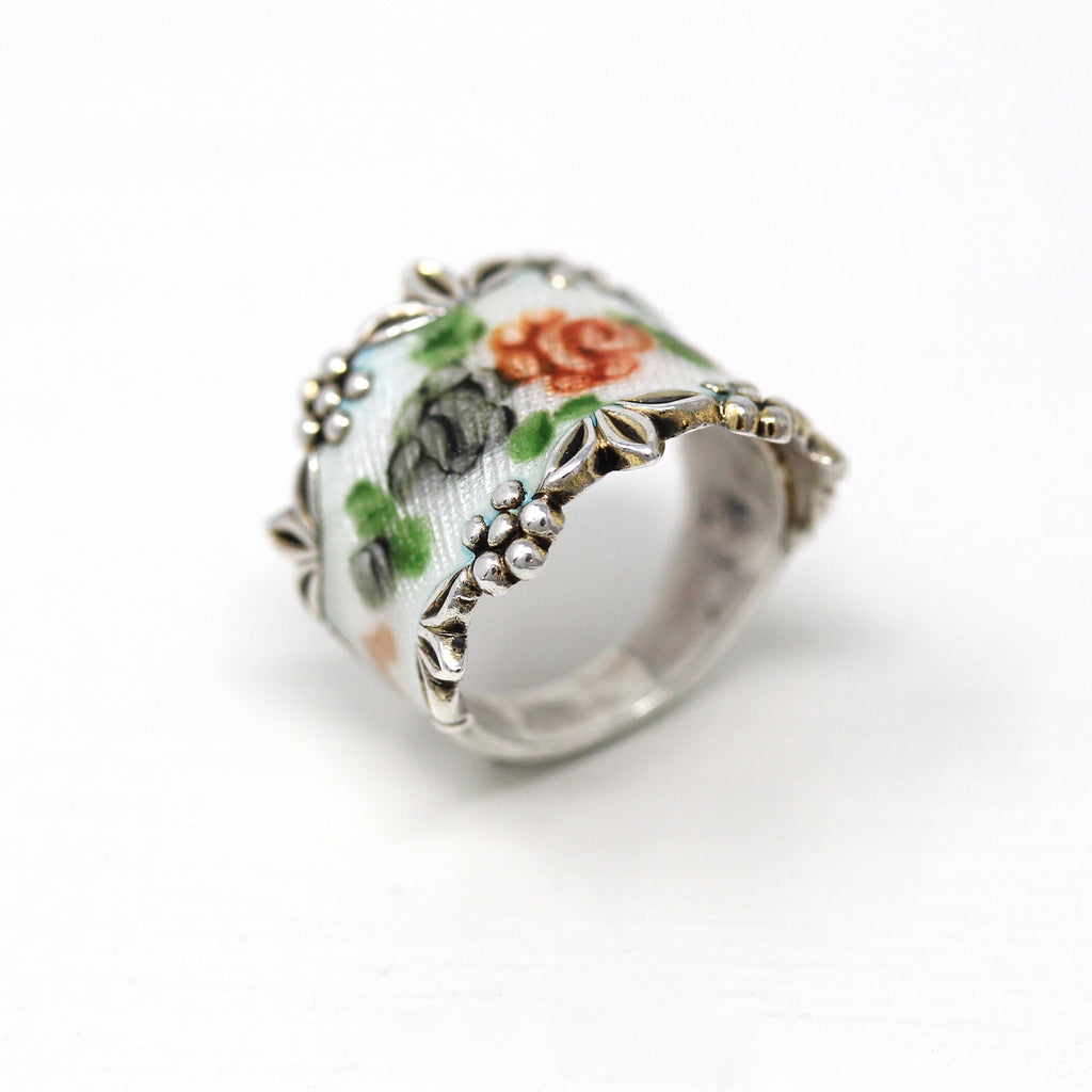 Vintage Flower Band - Retro Sterling Silver Guilloché White Enamel Wide Cigar Ring - Circa 1960s Size 5 Red Green Vargas Floral 60s Jewelry