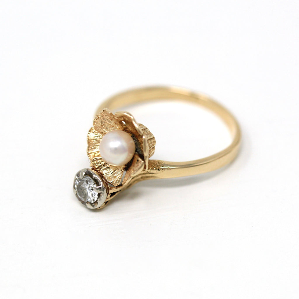 Diamond & Pearl Ring - Retro 14k Yellow Gold Cultured Pearl Flower .16 CT Gem - Vintage Circa 1970s Era Size 5 1/2 June Birthstone Jewelry