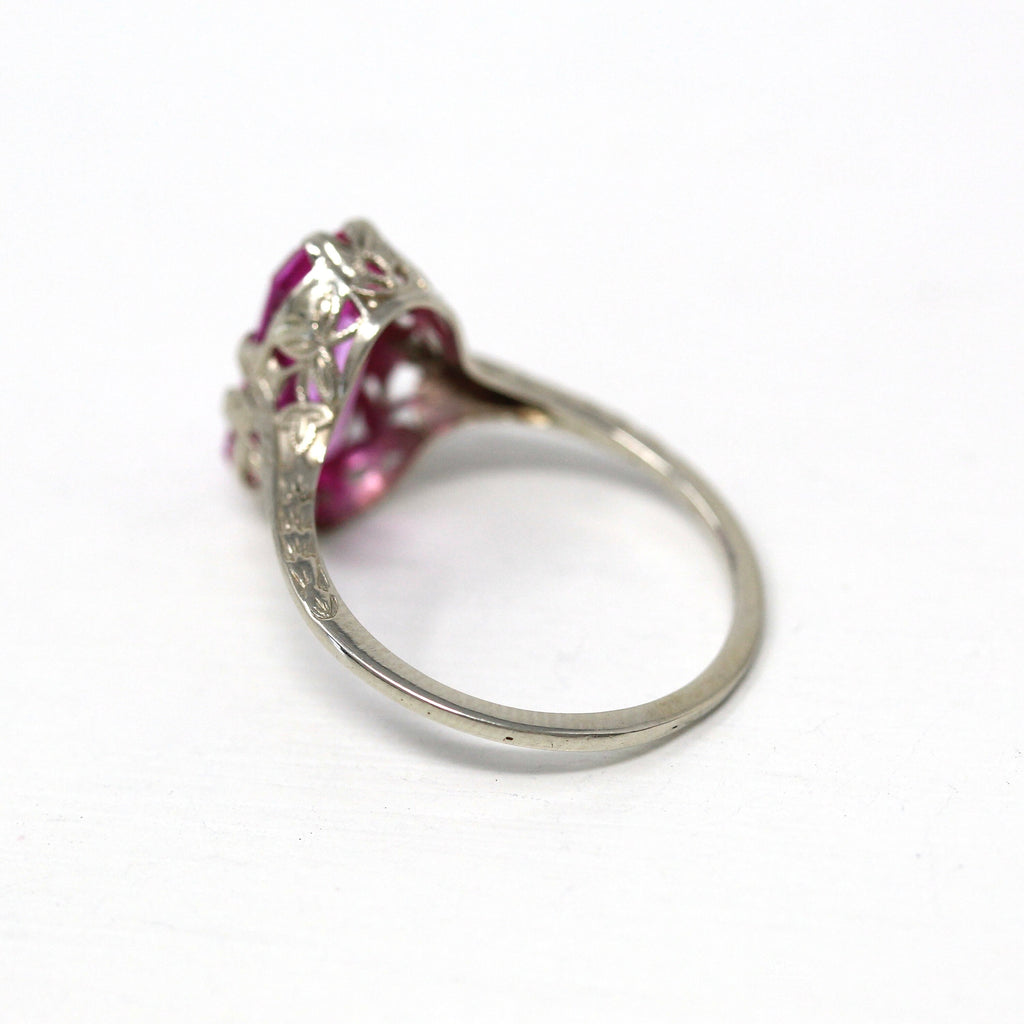Antique Filigree Ring - Art Deco Era 14k White Gold 2.9 CT Created Pink Sapphire Stone - Vintage Circa 1920s Size 6 Fine 20s Flapper Jewelry