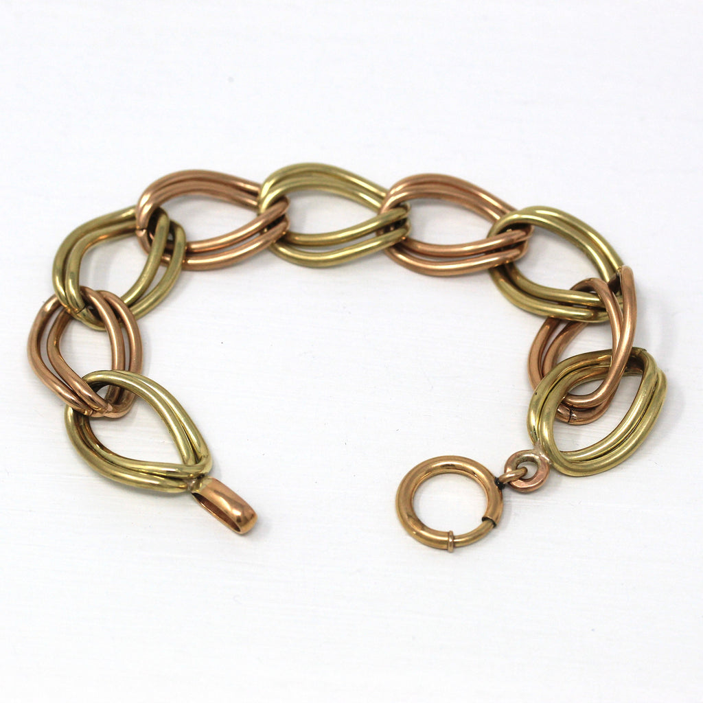 Vintage Chunky Bracelet - Retro 12k Yellow & Rose Gold Filled Two Tone Link - Circa 1940s Era Statement Fashion Accessory 7.5 Inch Jewelry