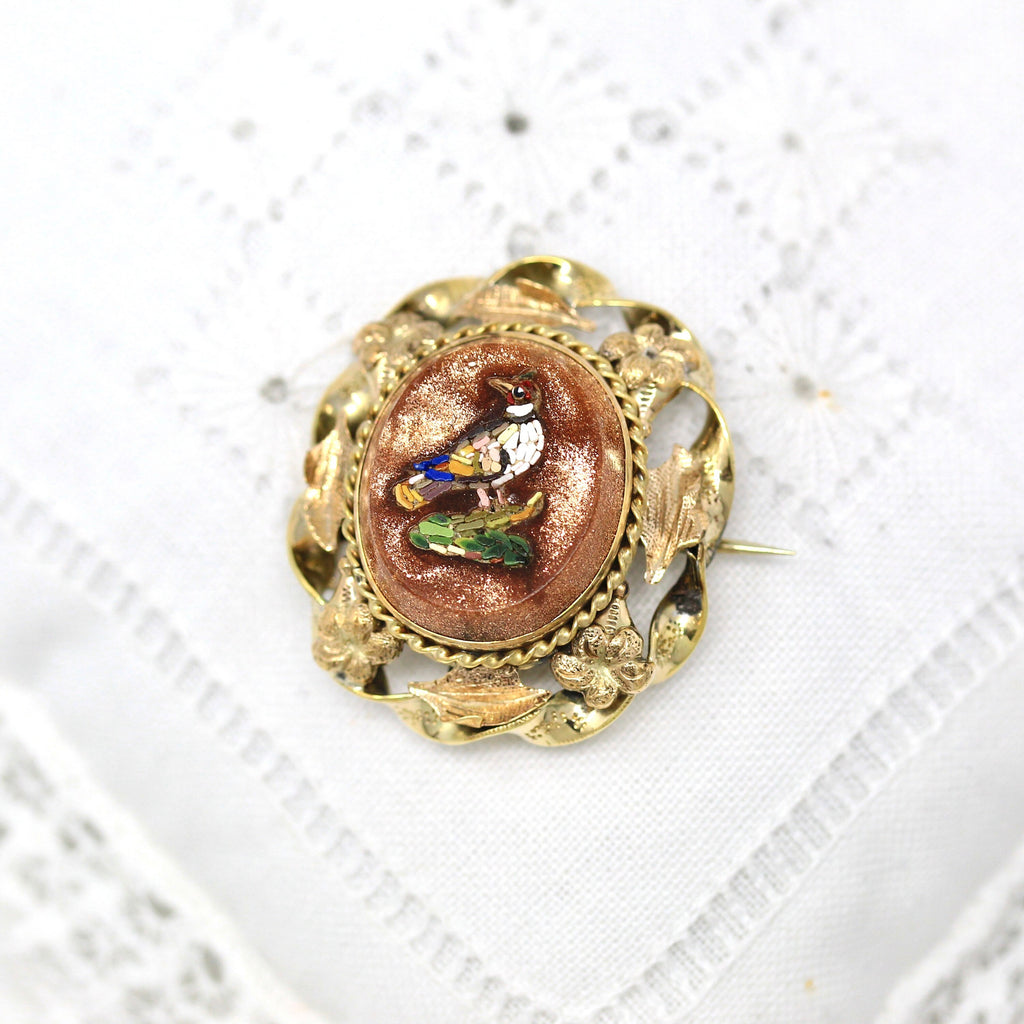 Goldstone Micromosaic Brooch - Victorian Gold Filled Bird Glass Tile Flower Pin - Antique Circa 1890s Fashion Accessory Rare Jewelry