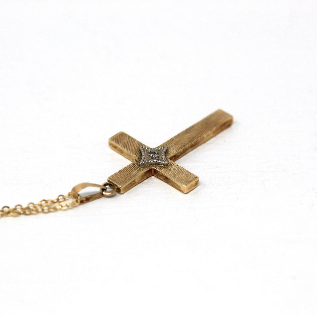 Vintage Cross Necklace - Retro 14k Yellow Gold Genuine Diamond Pendant - Circa 1970s Era Religious Faith Fine Catholic Jewelry