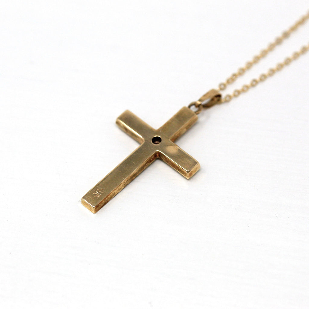 Vintage Cross Necklace - Retro 14k Yellow Gold Genuine Diamond Pendant - Circa 1970s Era Religious Faith Fine Catholic Jewelry
