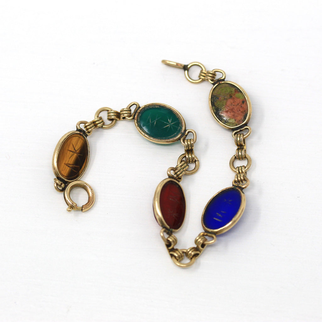 Vintage Scarab Bracelet - Retro 12k Gold Filled Carved Genuine Gemstones - Circa 1960s Era Egyptian Revival Hieroglyphic Style 60s Jewelry