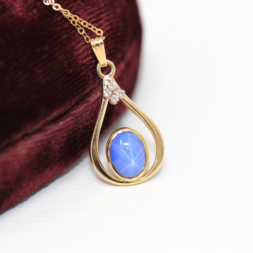 Created Star Sapphire Necklace - Retro 14k Yellow Gold 2.11 CT Blue Cabochon Stone - Vintage Circa 1960s Era Pendant Charm Fine 60s Jewelry