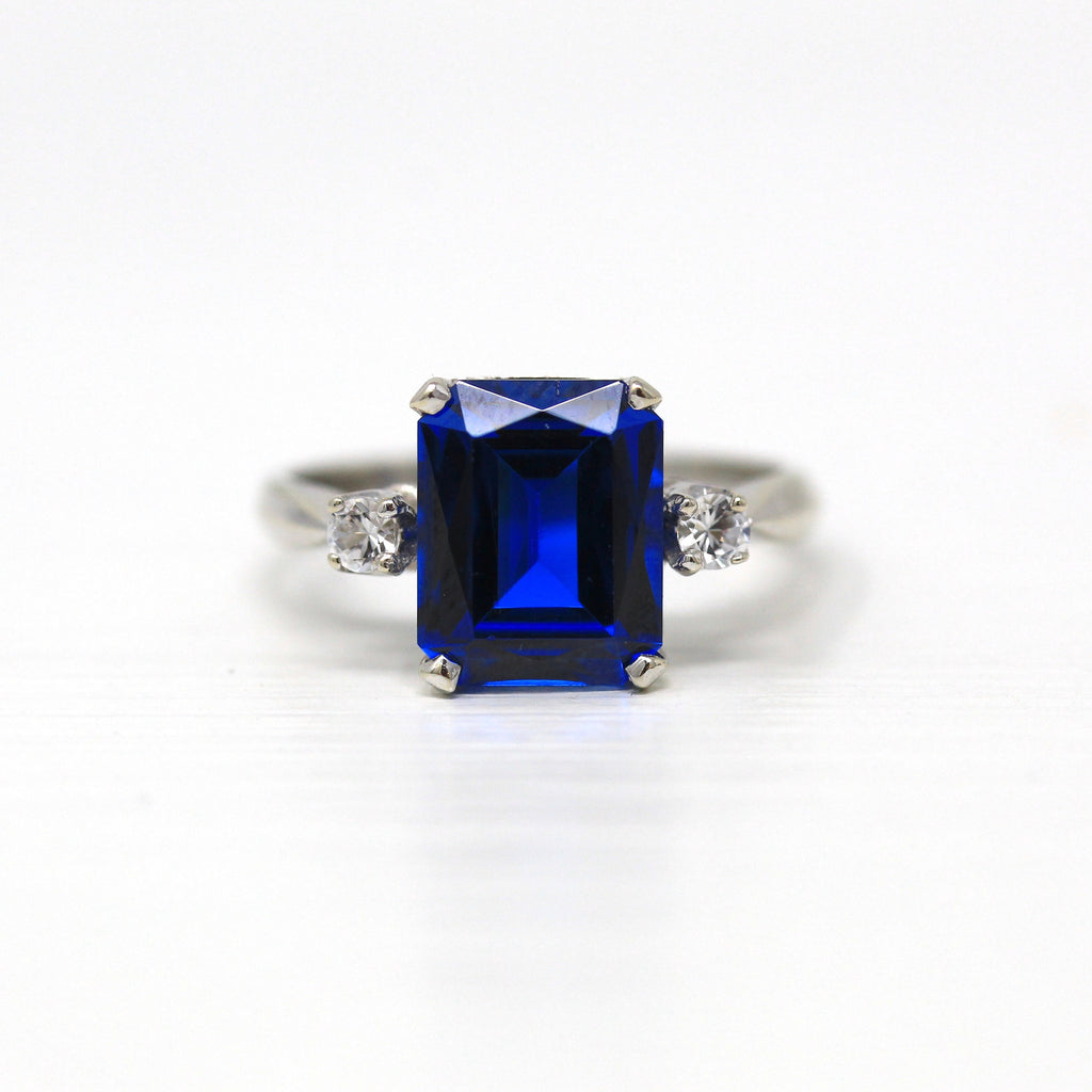 Three Stone Ring - Retro 14k White Gold Rectangular Faceted 3.69 CT Blue Stone - Vintage 1960s Era Size 6.5 Created Spinel Fine 60s Jewelry
